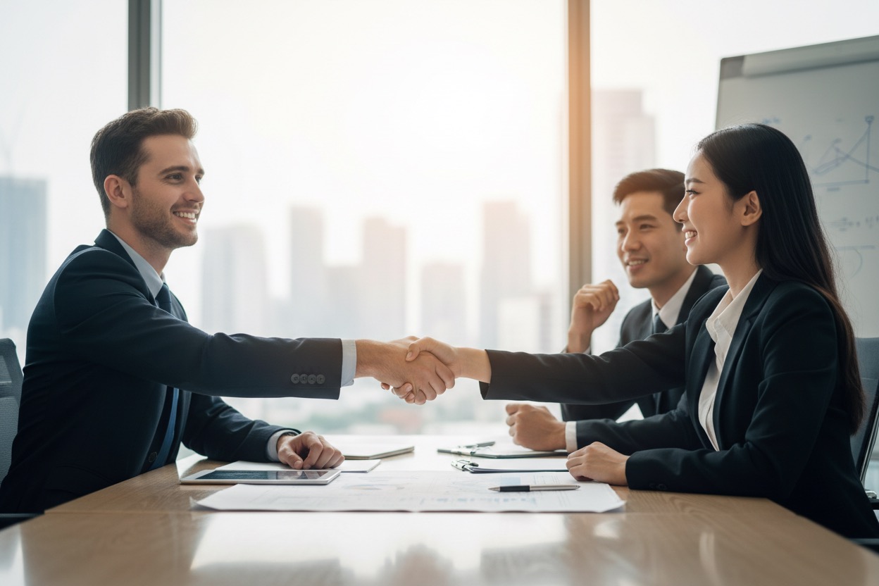 imagem que gere confiança de relacionamento entre parceiros de negócios em um ambiente corporativo.